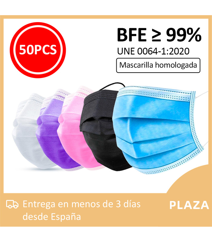 50 pcs Mascarillas higienicas tres capas Homologada BFE 99% Mask666 en bolsa de 10 unidades con autocierre